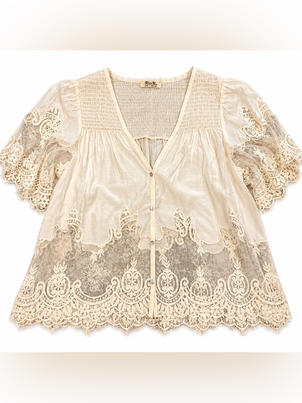 EUC Miss Me Women’s Ivory Lace Embroidered Sheer Boho Blouse Top MT2715S-Large